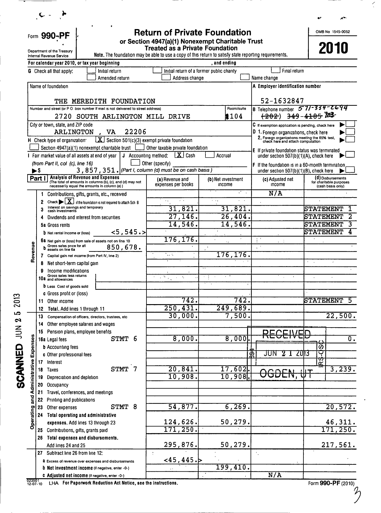 Image of first page of 2010 Form 990PF for The Meredith Foundation