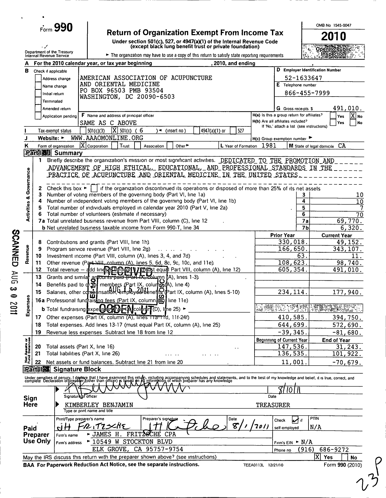 Image of first page of 2010 Form 990O for American Association of Acupuncture