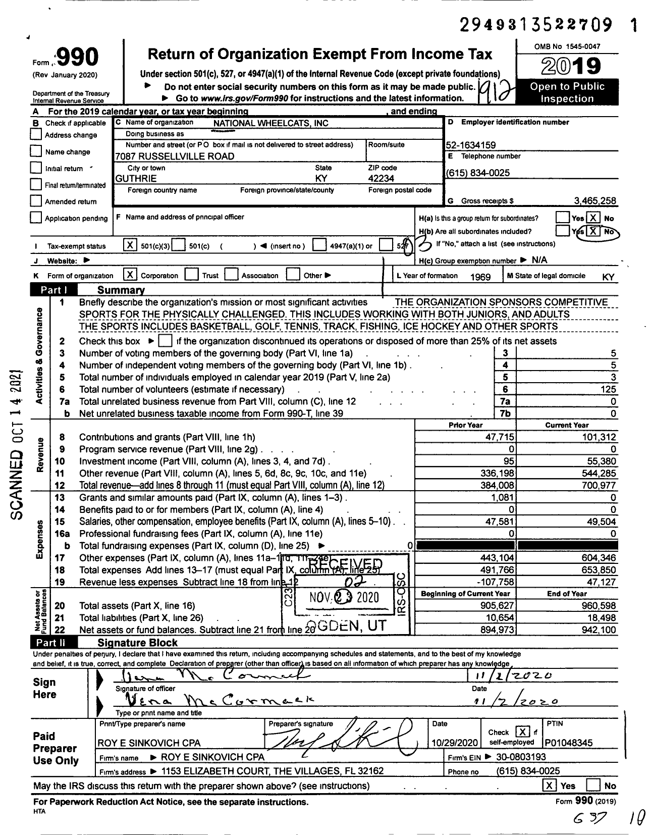 Image of first page of 2019 Form 990 for National Wheelcats