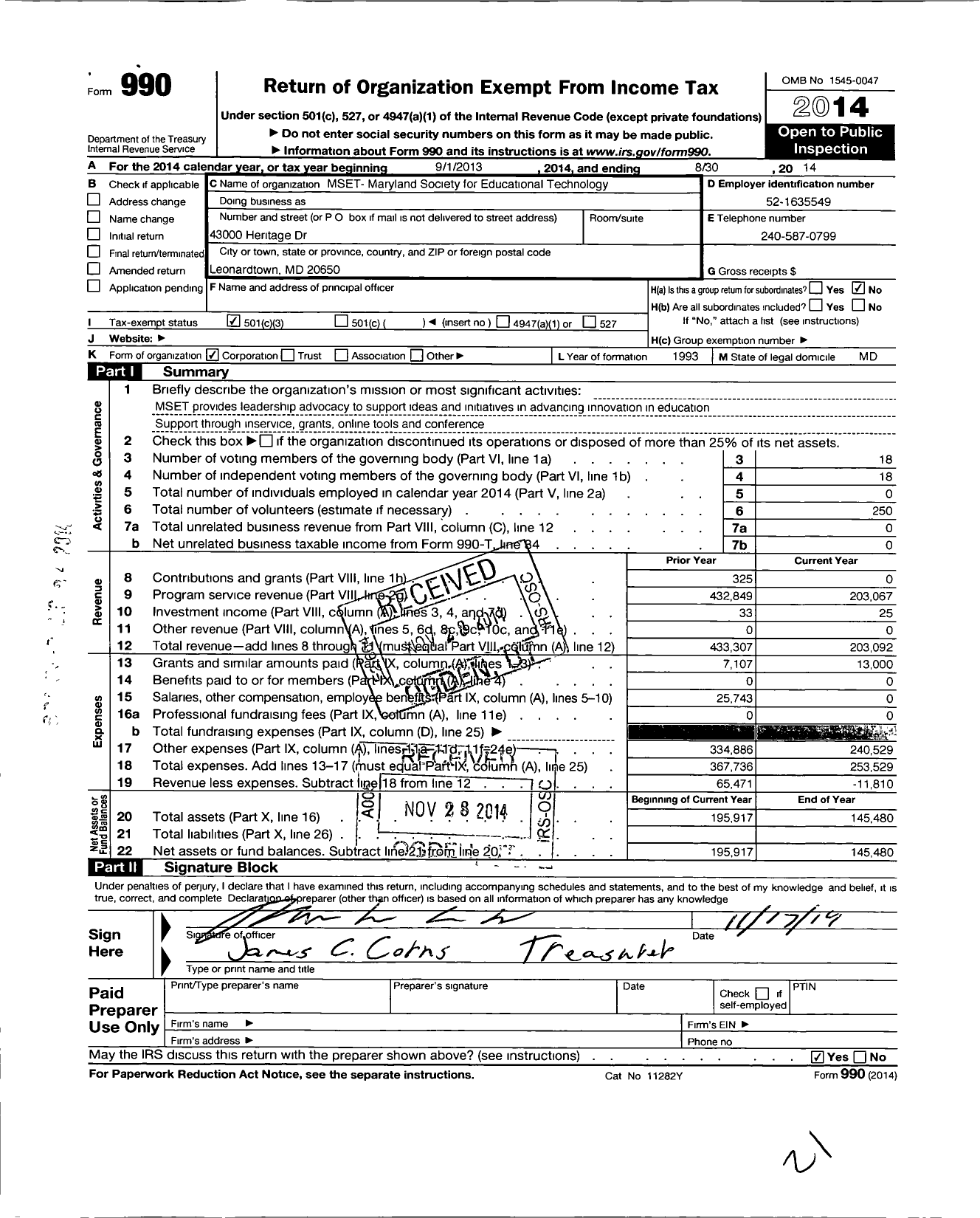 Image of first page of 2013 Form 990 for Mset Maryland Society for Educational Technology