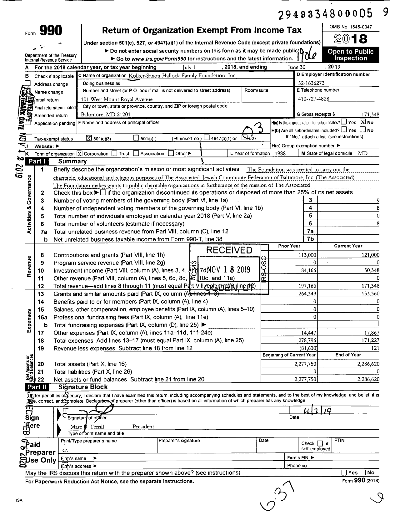 Image of first page of 2018 Form 990 for Kolker-Saxon-Hallock Family Foundation