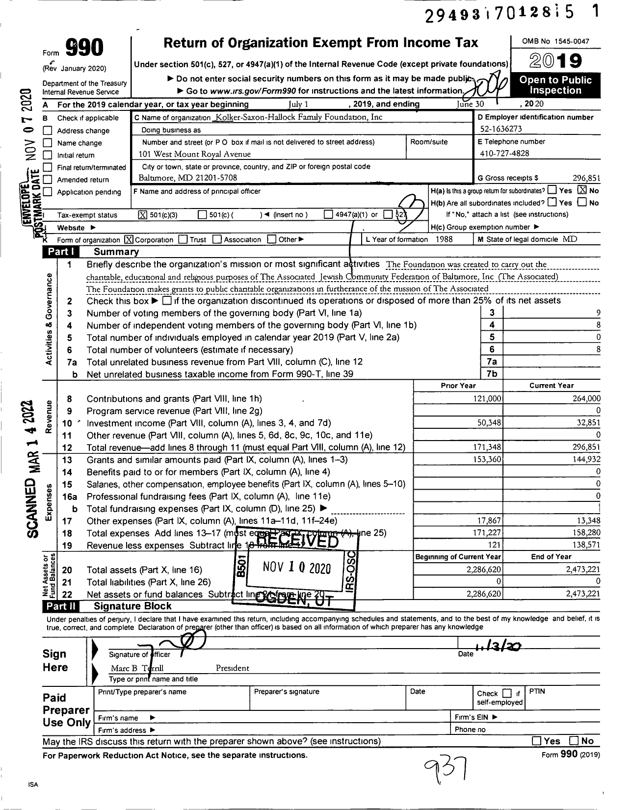 Image of first page of 2019 Form 990 for Kolker-Saxon-Hallock Family Foundation