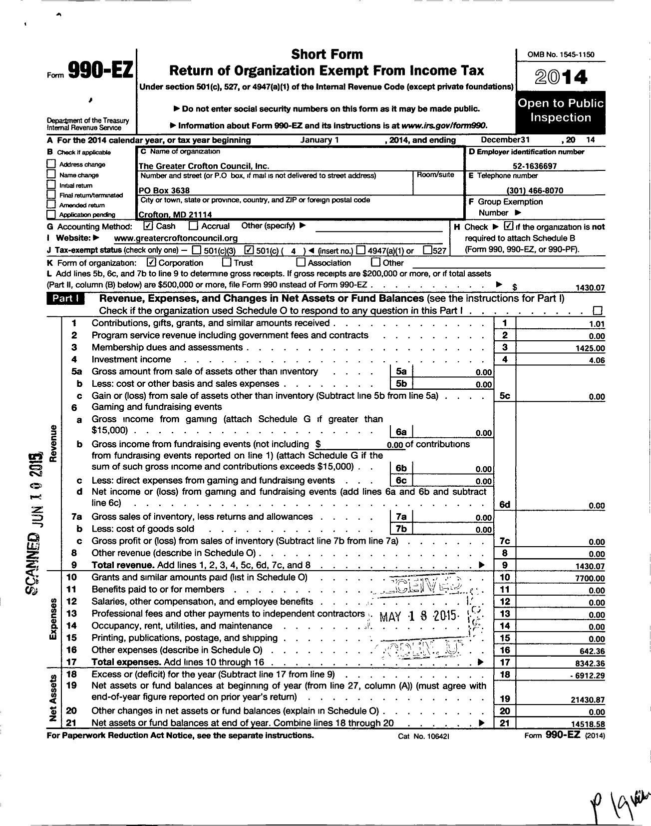 Image of first page of 2014 Form 990EO for Greater Crofton Council