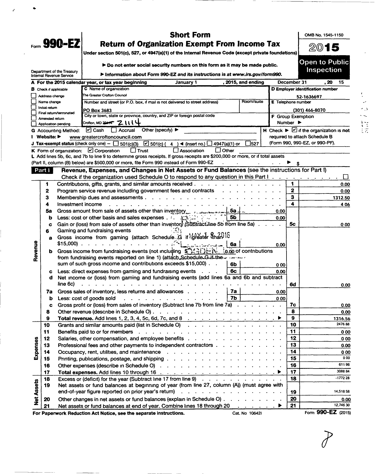 Image of first page of 2015 Form 990EO for Greater Crofton Council