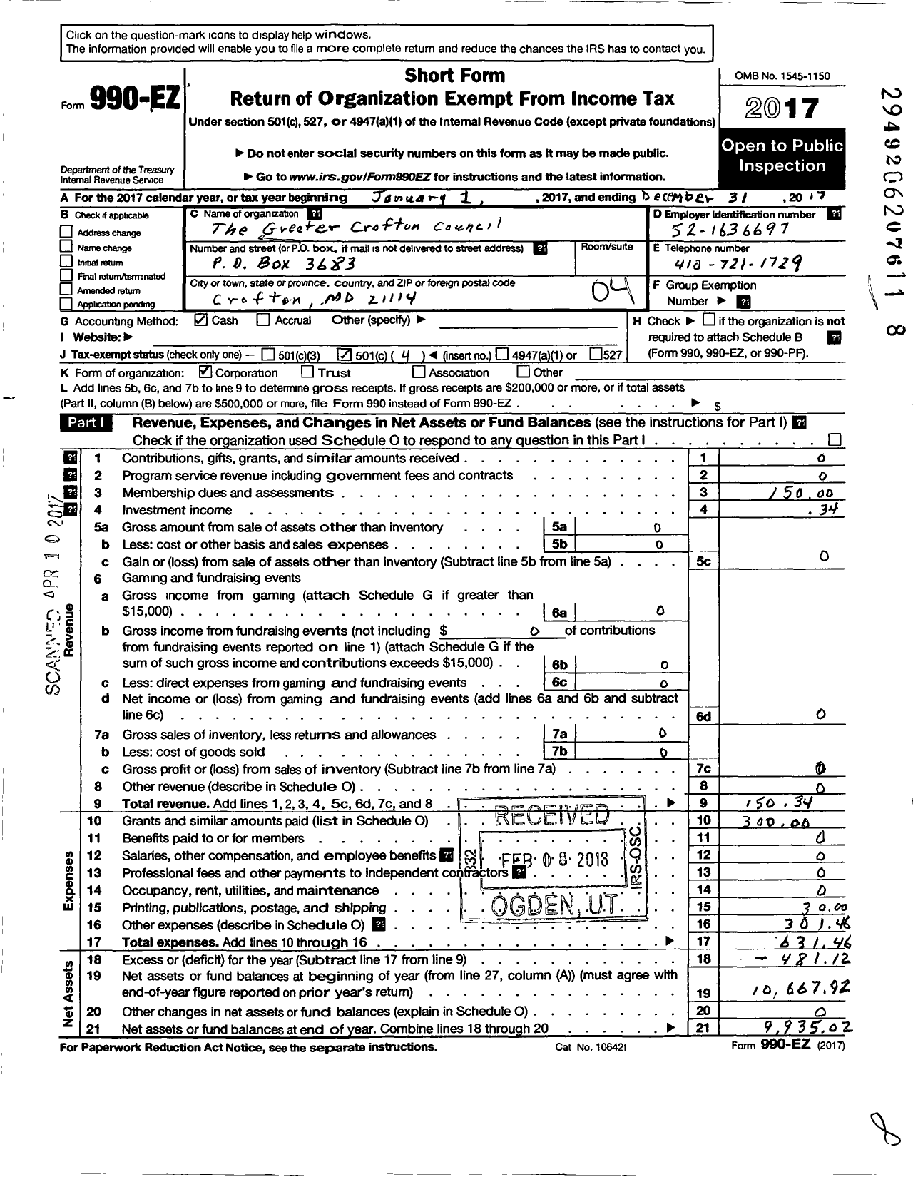 Image of first page of 2017 Form 990EO for Greater Crofton Council