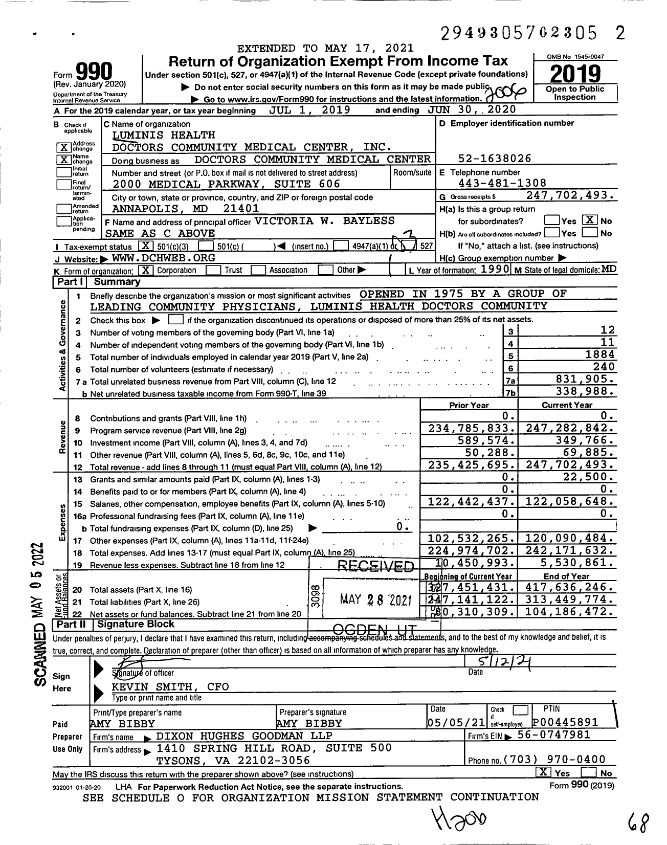 Image of first page of 2019 Form 990 for Luminis Health Doctors Community Medical Center (DCH)