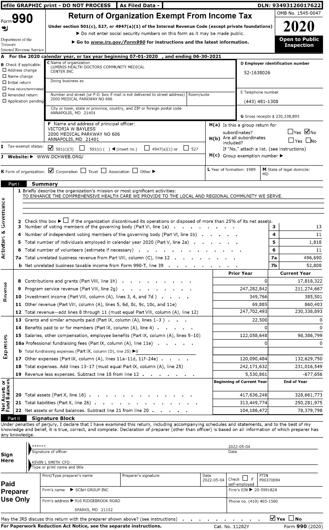 Image of first page of 2020 Form 990 for Luminis Health Doctors Community Medical Center (DCH)