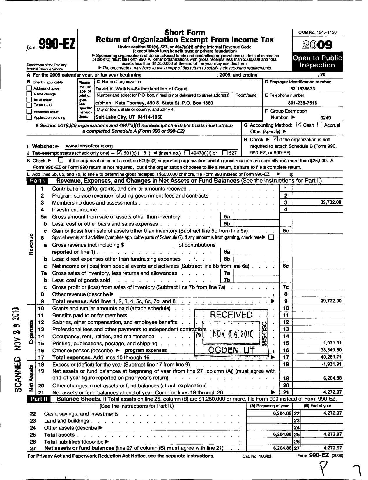 Image of first page of 2009 Form 990EZ for American Inns of Court Foundation - 30002 David K Watkiss-Sutherland Ii