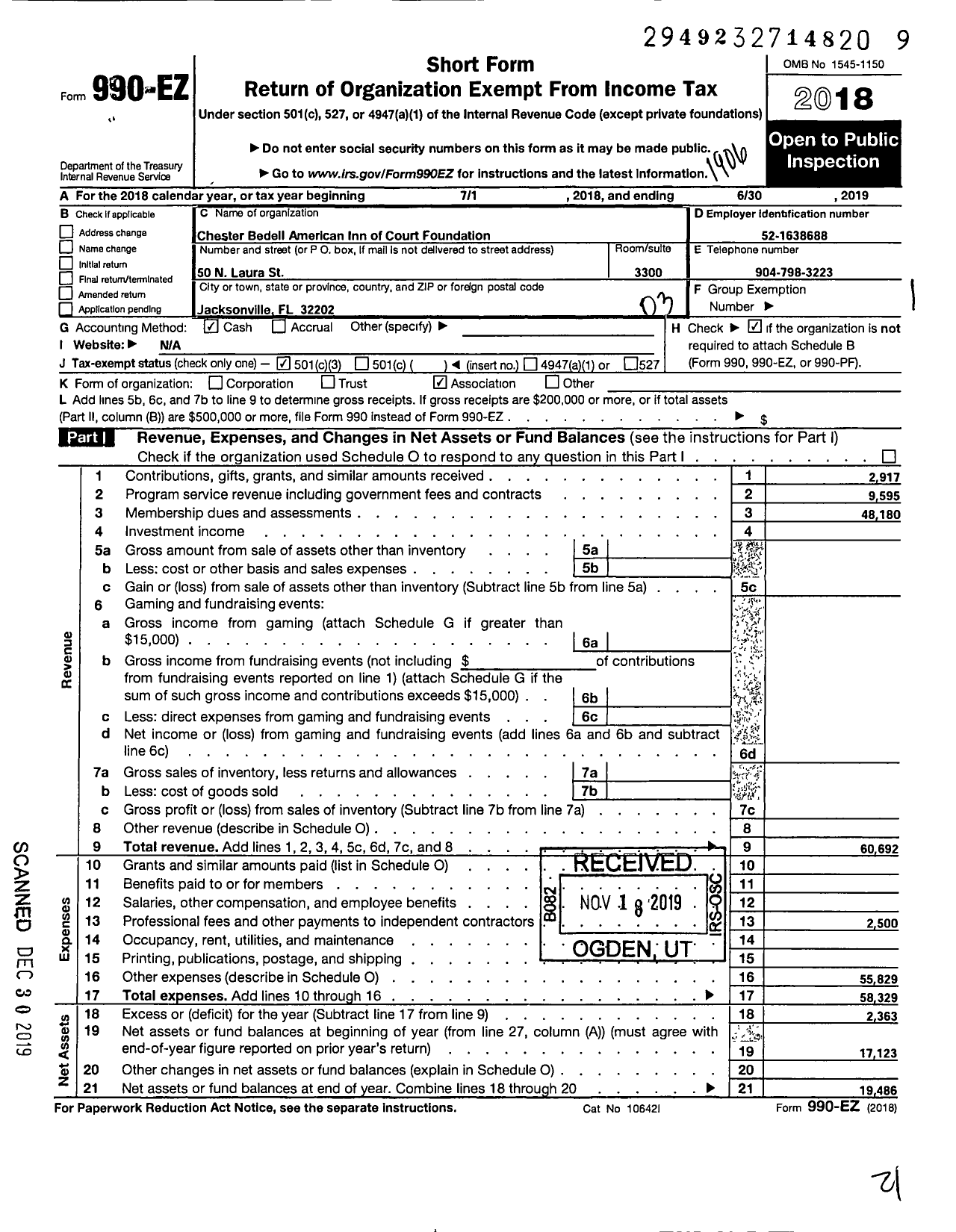 Image of first page of 2018 Form 990EZ for American Inns of Court Foundation - 30014 Chester Bedell Chapter