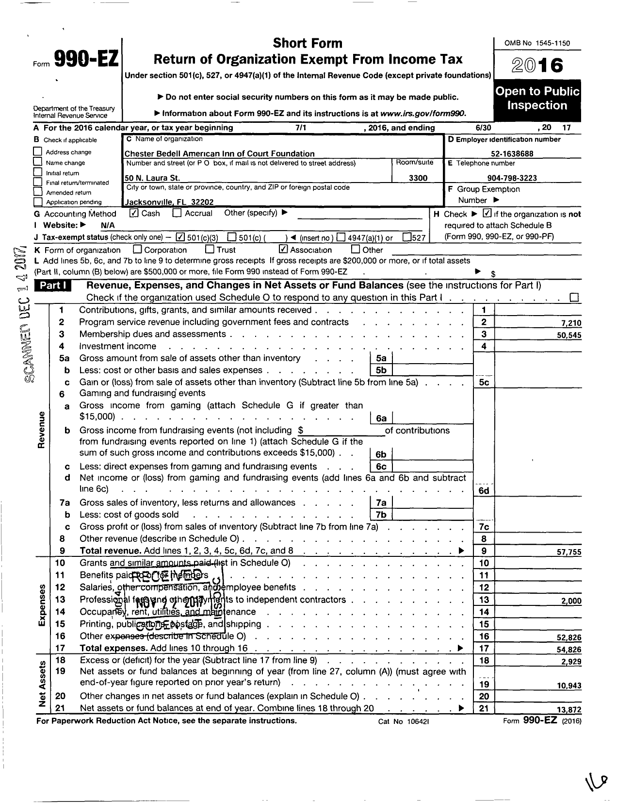 Image of first page of 2016 Form 990EZ for American Inns of Court Foundation - 30014 Chester Bedell Chapter