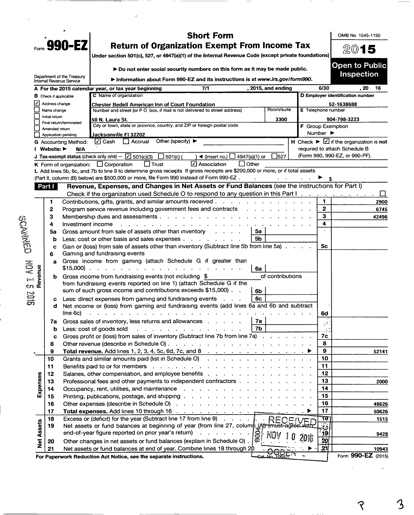 Image of first page of 2015 Form 990EZ for American Inns of Court Foundation - 30014 Chester Bedell Chapter