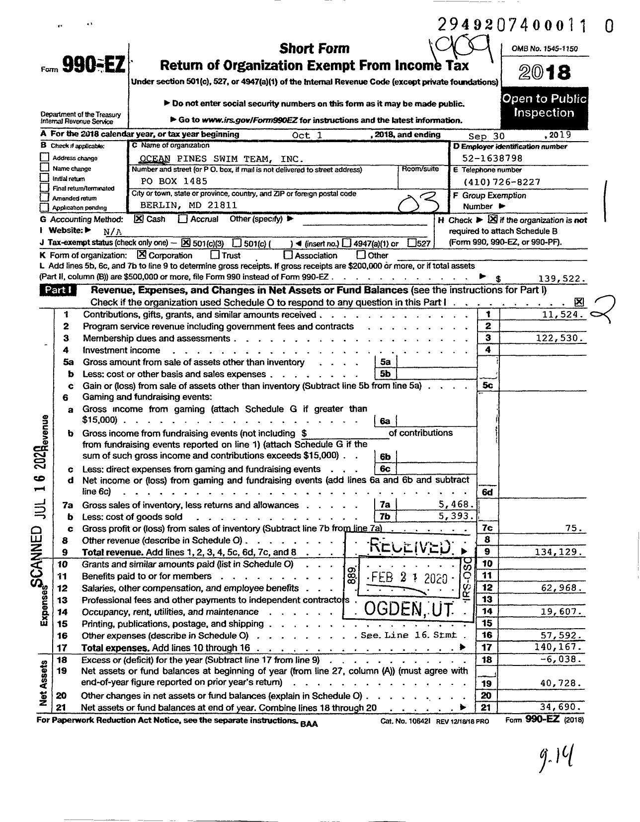 Image of first page of 2018 Form 990EZ for Ocean Pines Swim Team