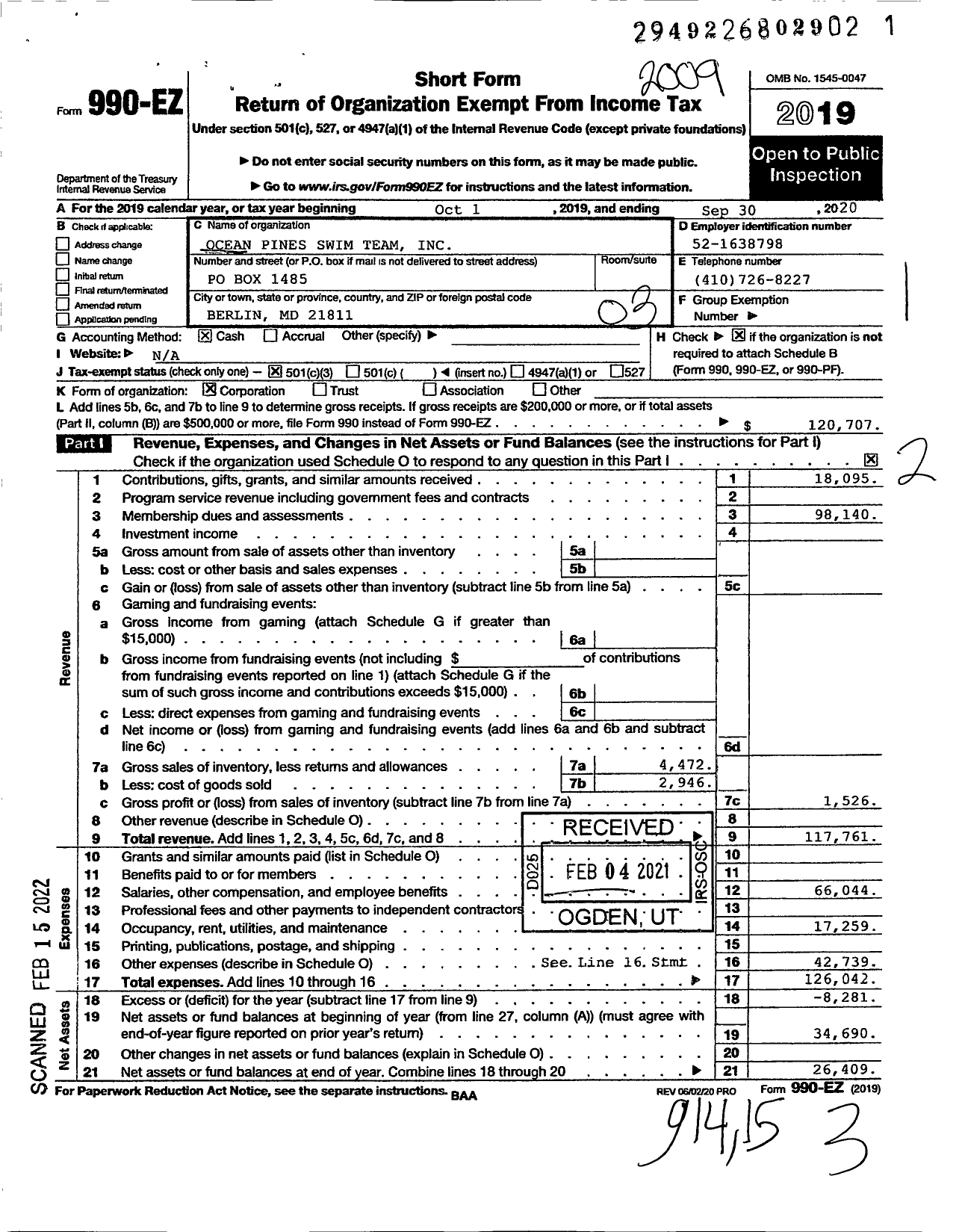 Image of first page of 2019 Form 990EZ for Ocean Pines Swim Team