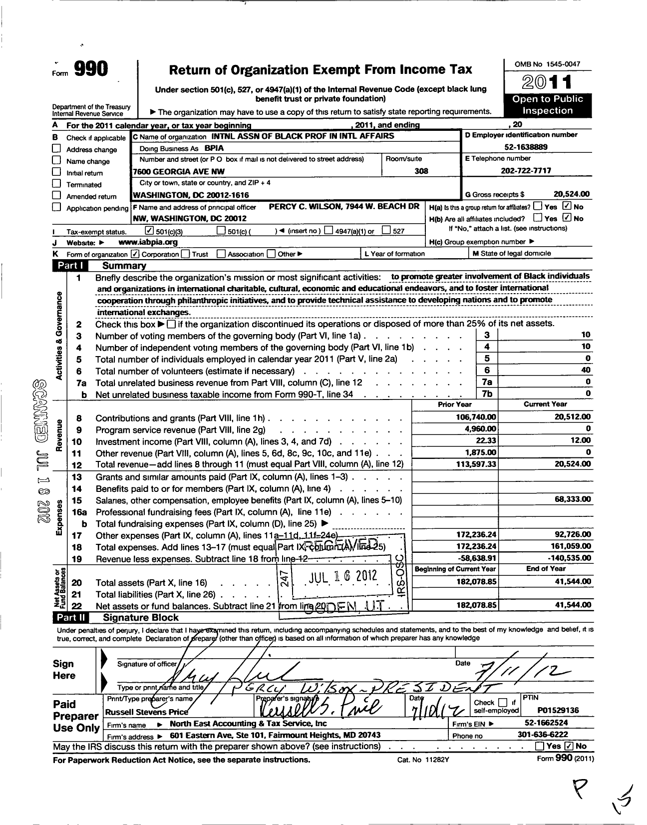 Image of first page of 2011 Form 990 for International Association of Black Professionals in Internatl Affairs