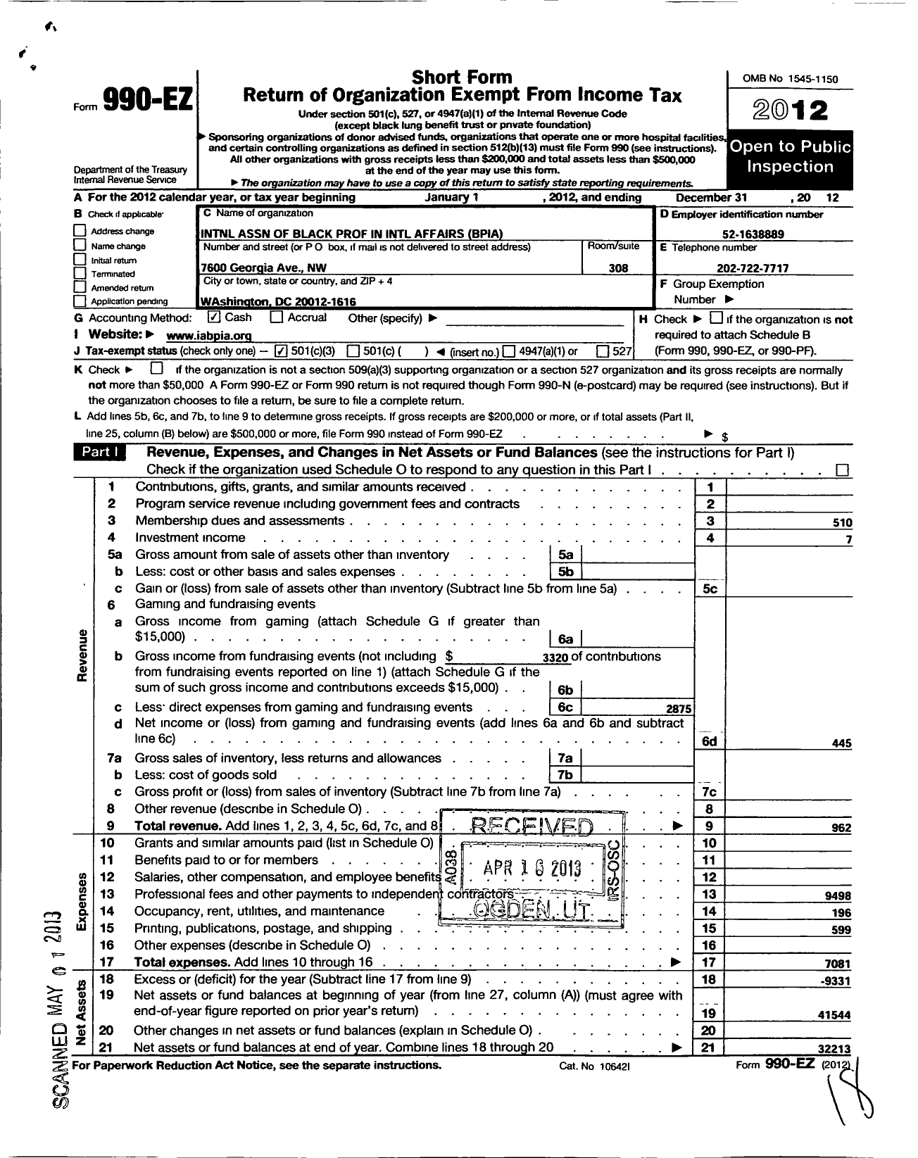 Image of first page of 2012 Form 990EZ for International Association of Black Professionals in Internatl Affairs