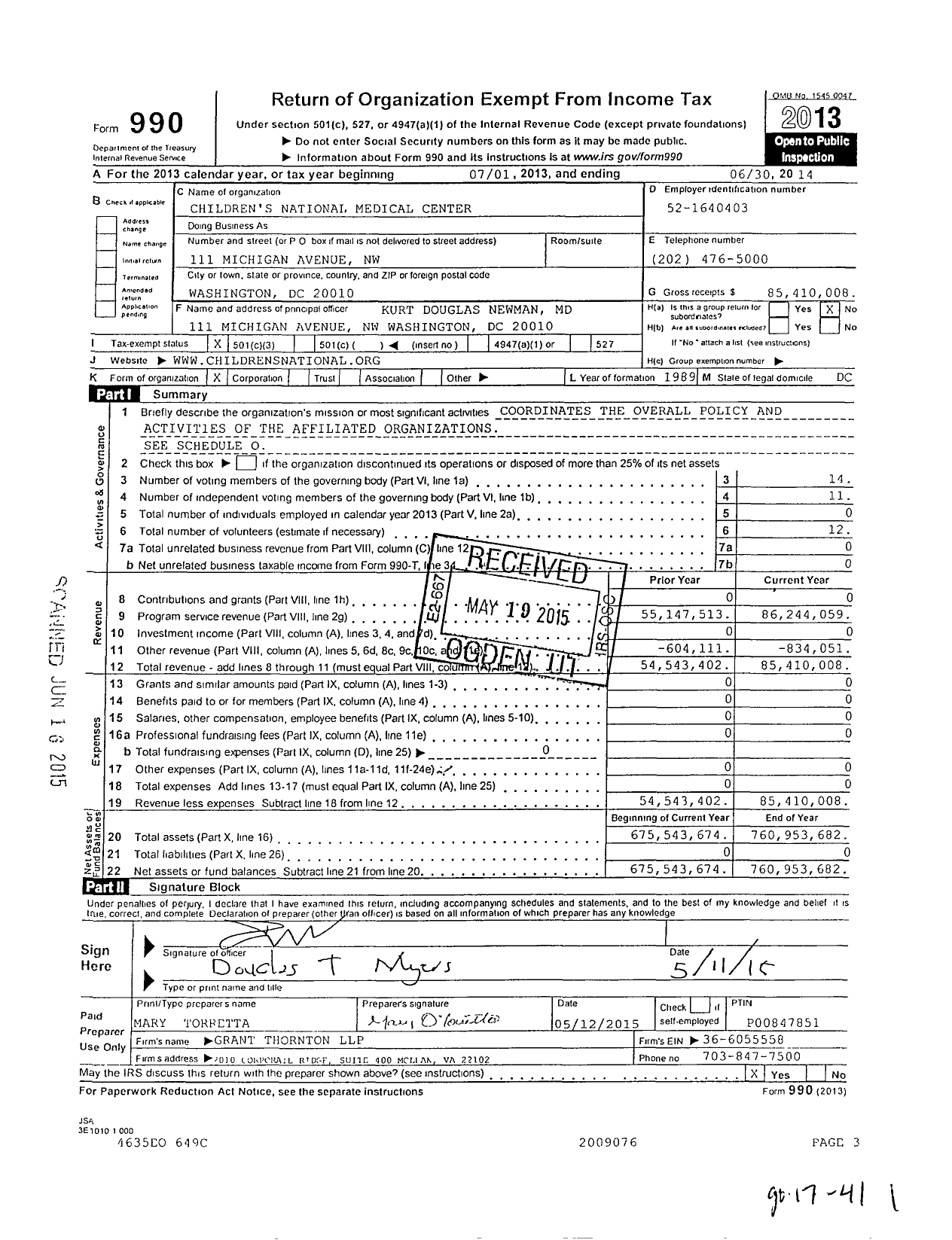 Image of first page of 2013 Form 990 for Children's National