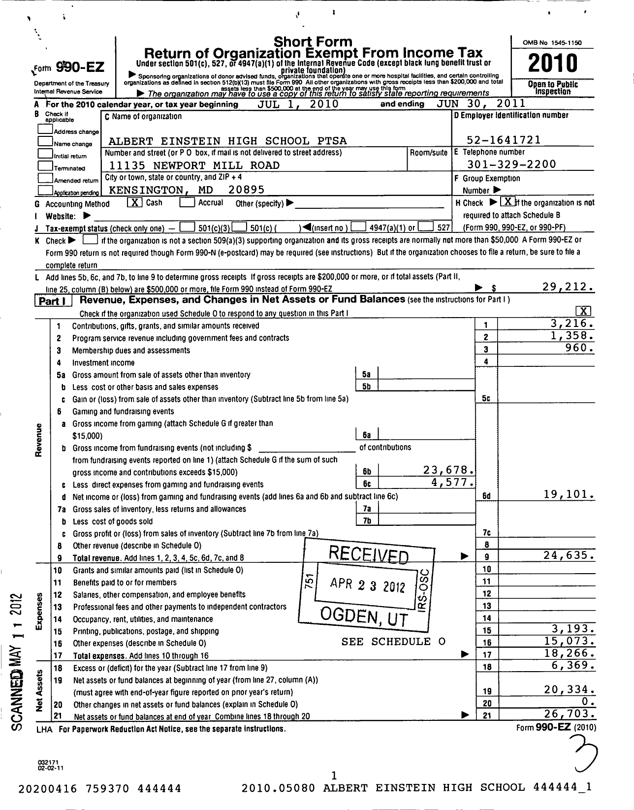 Image of first page of 2010 Form 990EO for PTA Delaware Congress / Albert Einstein High School Ptsa