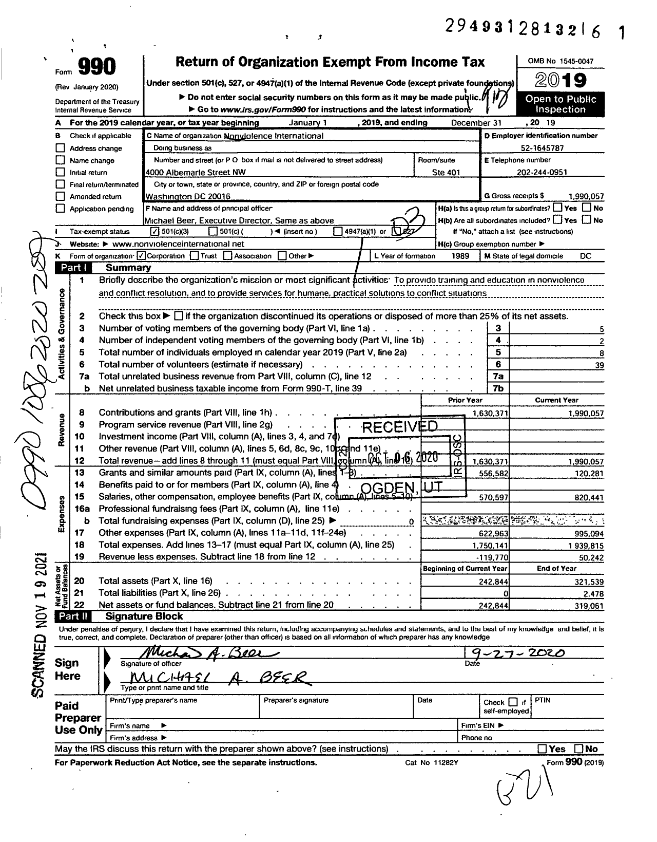 Image of first page of 2019 Form 990 for Non-Violence International