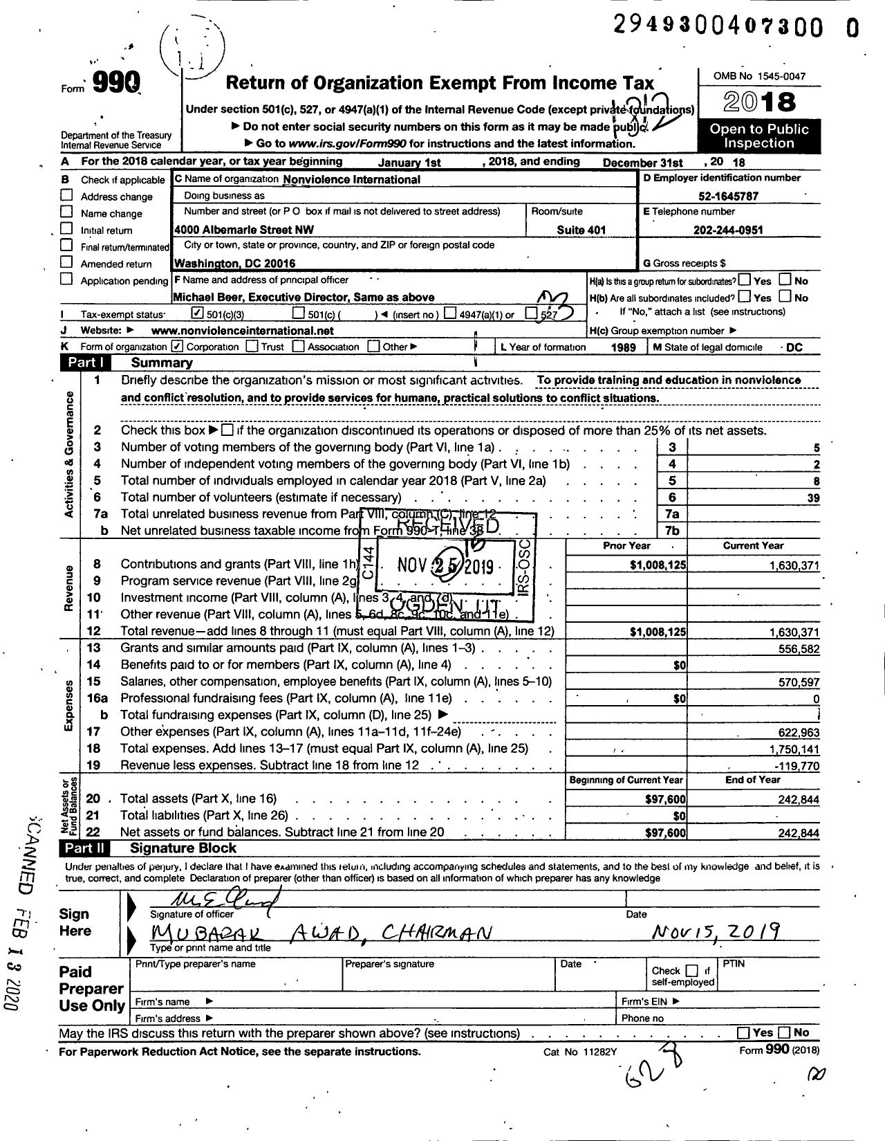 Image of first page of 2018 Form 990 for Nonviolence International