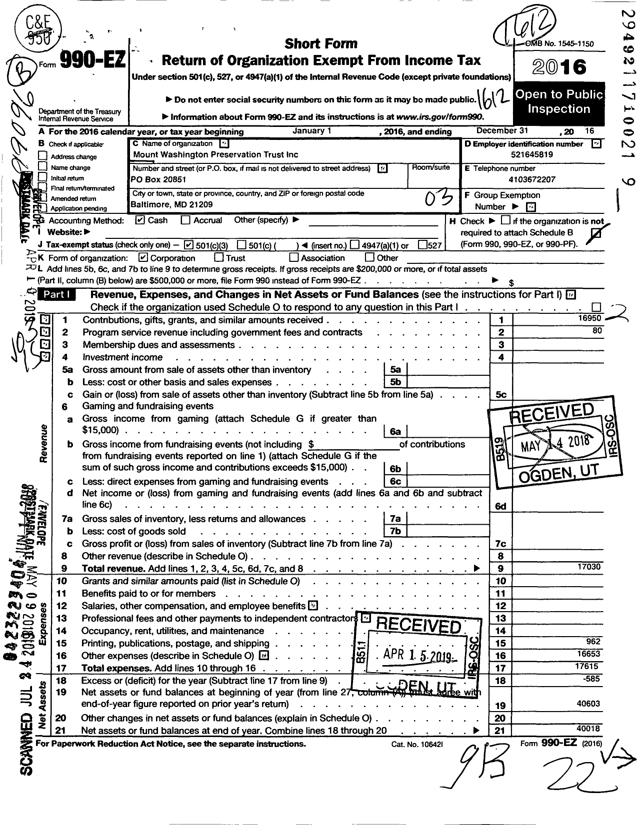 Image of first page of 2016 Form 990EZ for Mount Washington Preservation Trust