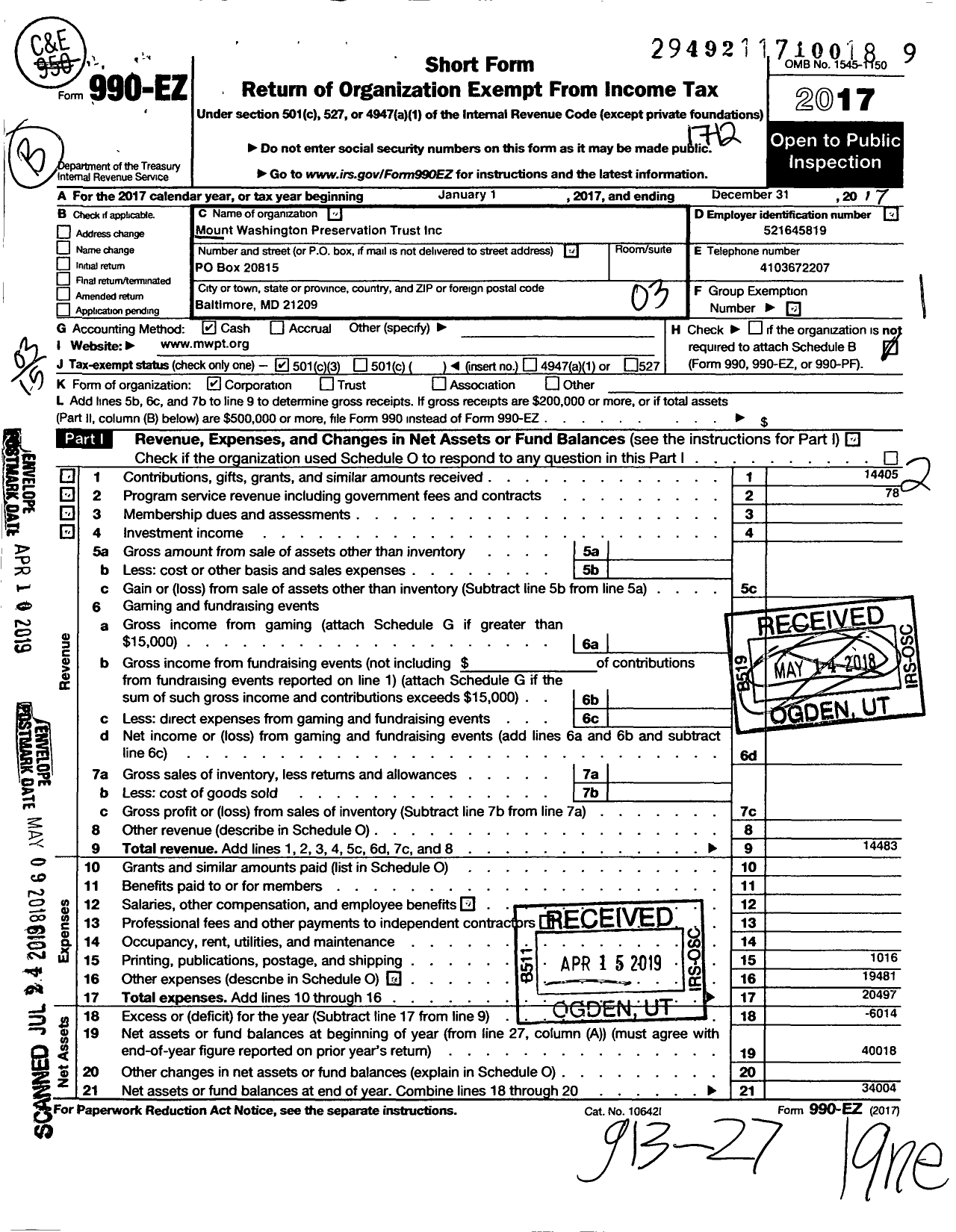 Image of first page of 2017 Form 990EZ for Mount Washington Preservation Trust