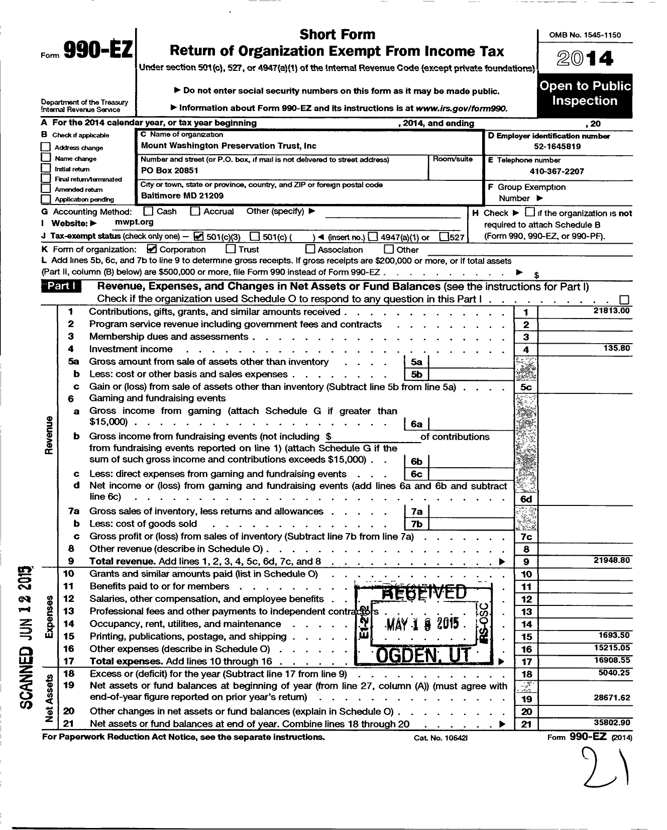 Image of first page of 2014 Form 990EZ for Mount Washington Preservation Trust