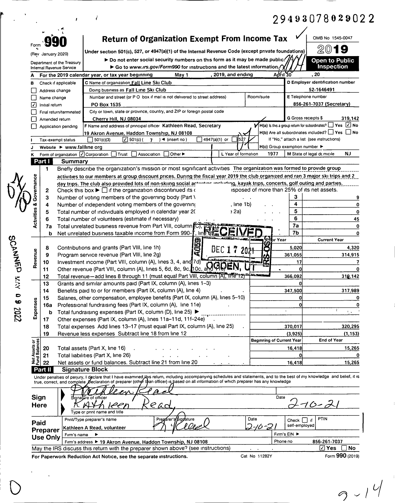 Image of first page of 2019 Form 990O for Fall LINE Ski Club