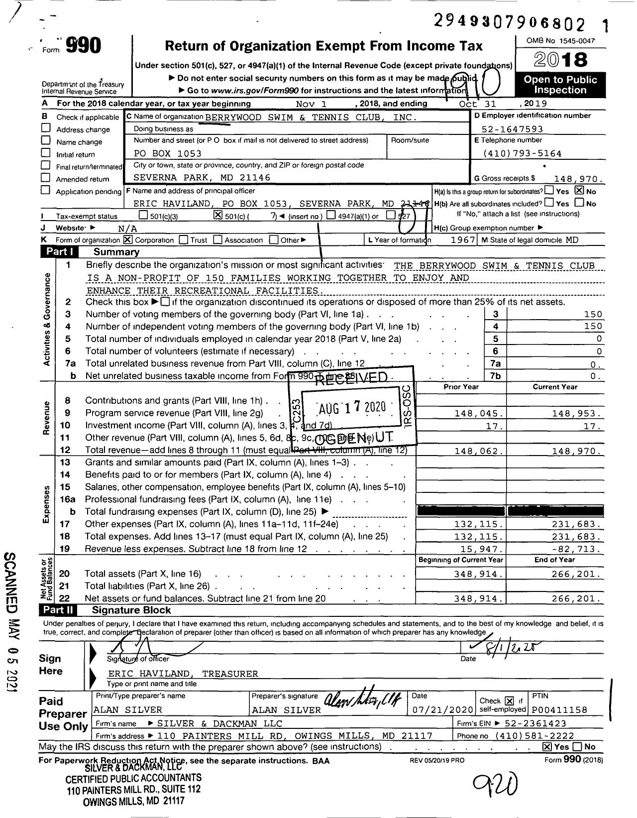 Image of first page of 2018 Form 990O for Berrywood Swim and Tennis Club