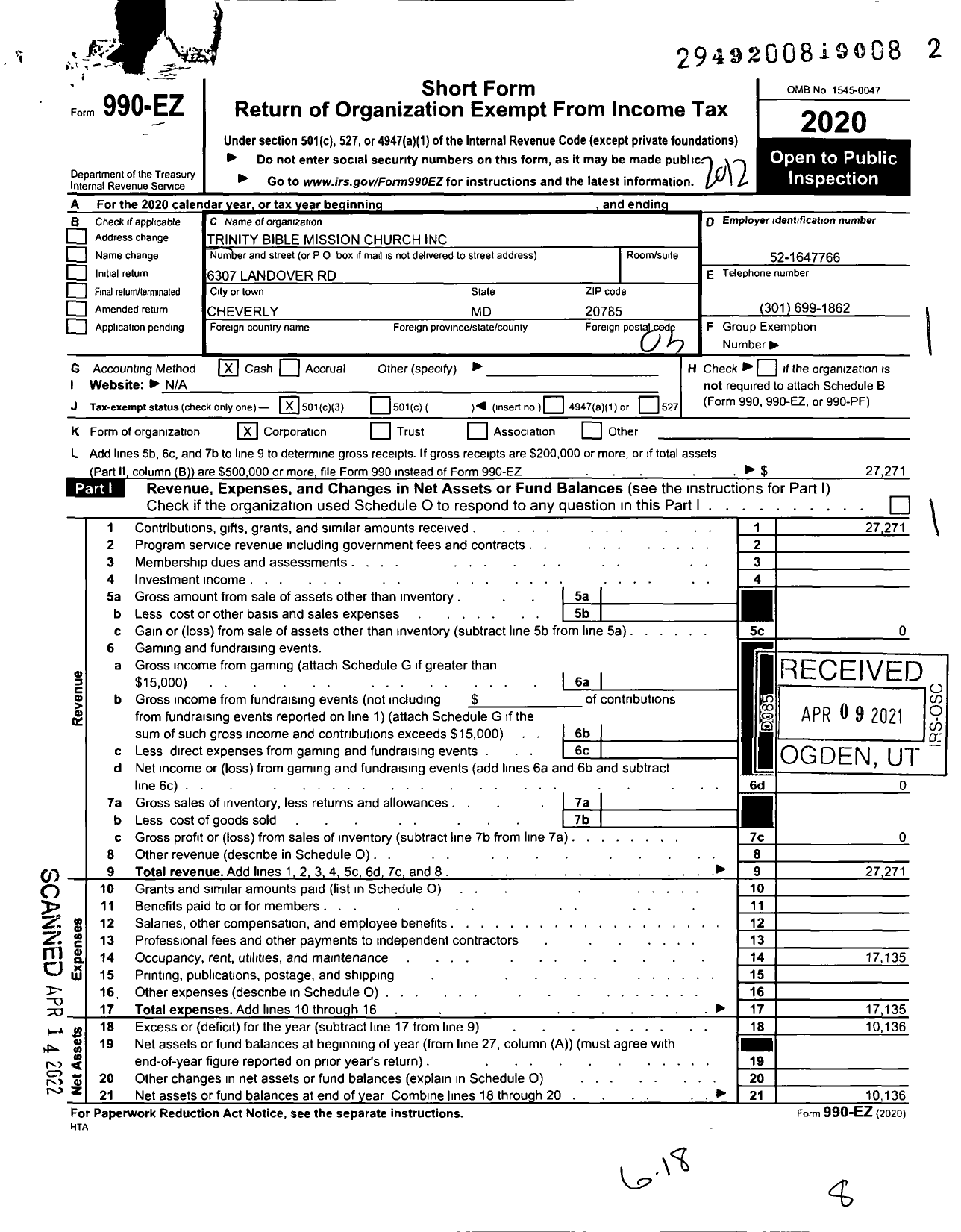 Image of first page of 2020 Form 990EZ for Trinity Bible Mission Church