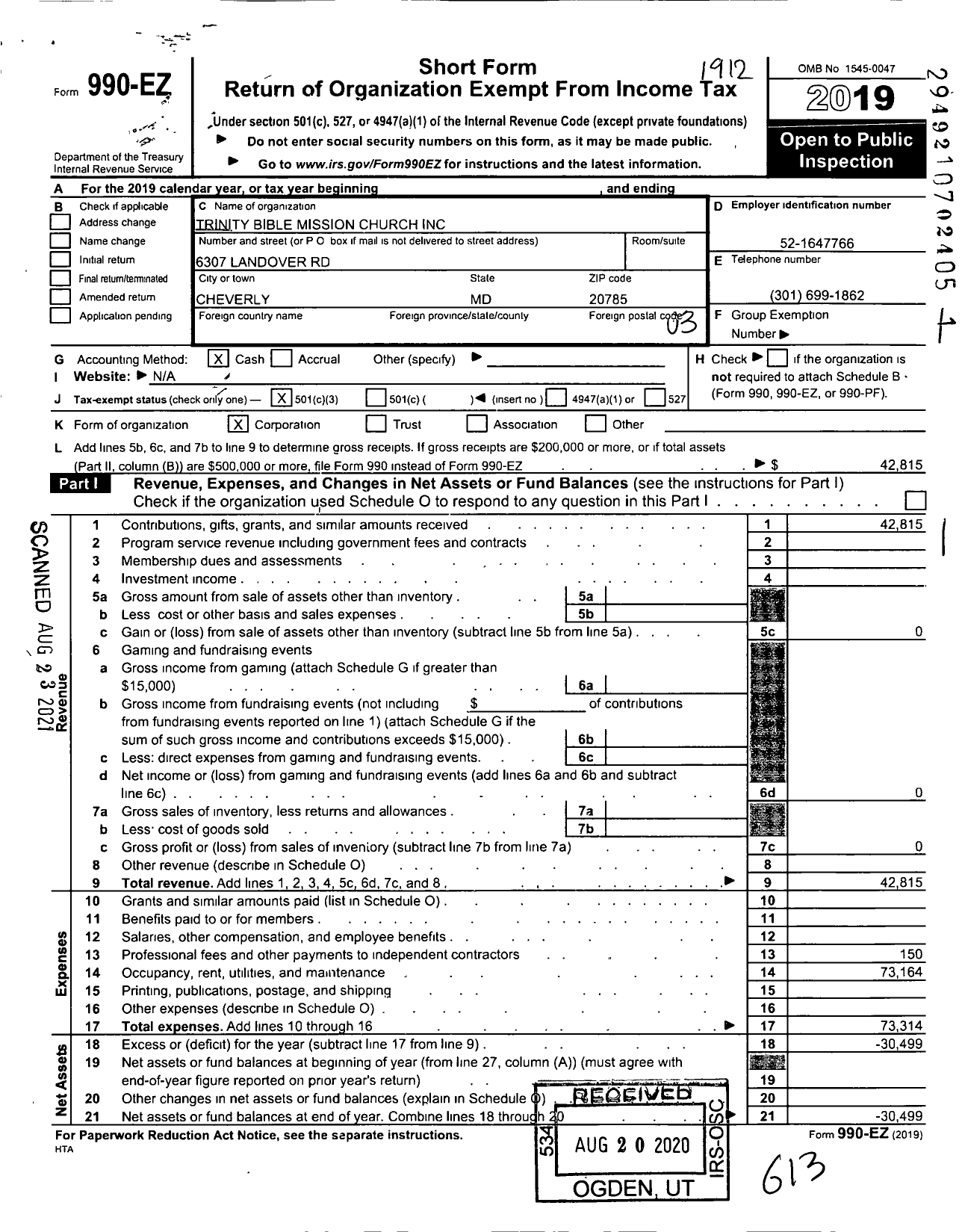 Image of first page of 2019 Form 990EZ for Trinity Bible Mission Church