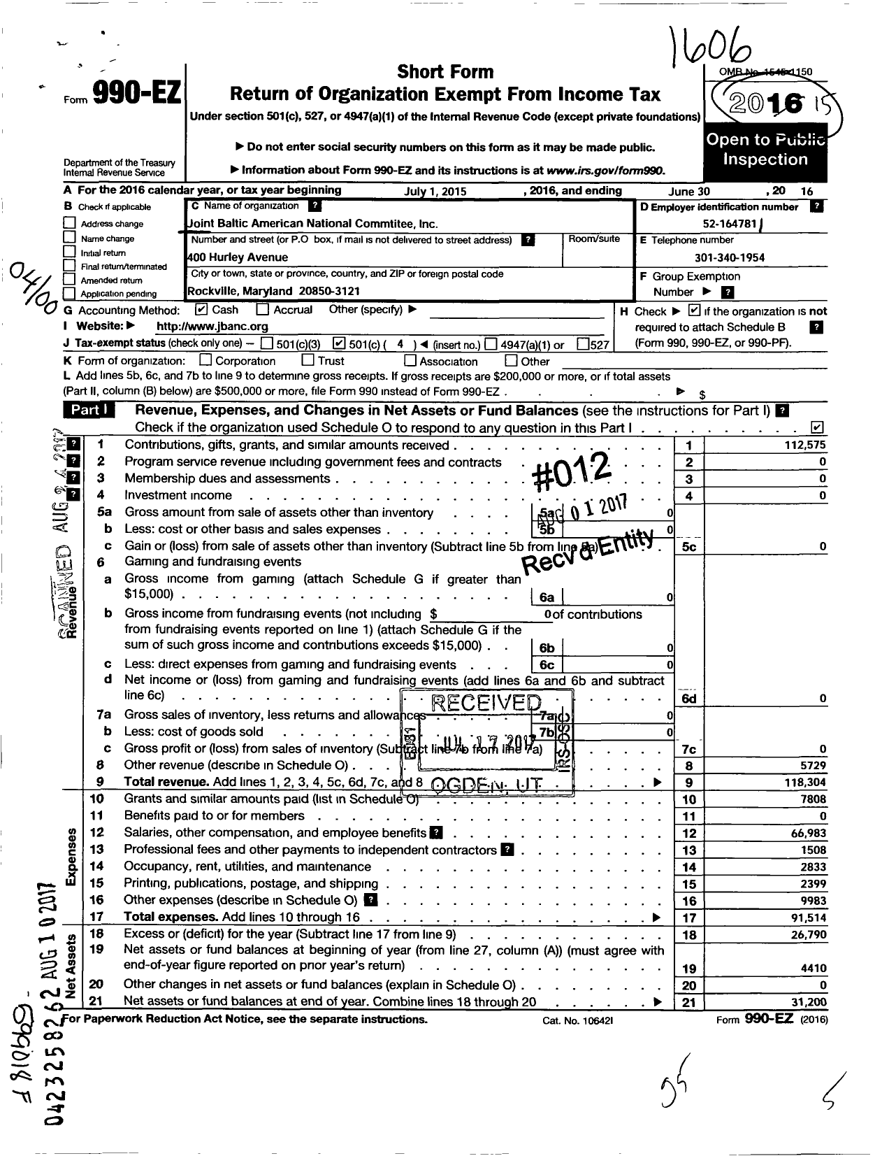 Image of first page of 2015 Form 990EO for Joint Baltic American National Committee