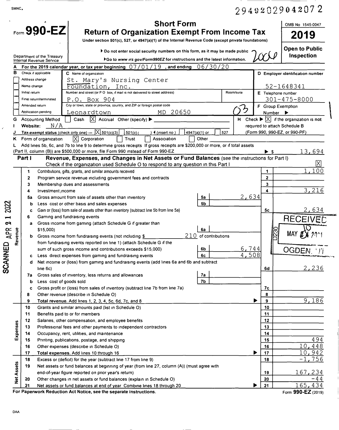 Image of first page of 2019 Form 990EZ for St Mary's Nursing Center Foundation