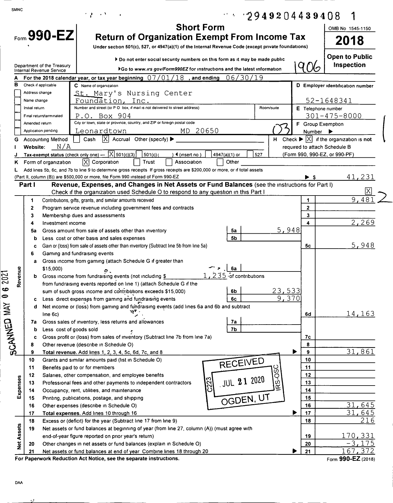 Image of first page of 2018 Form 990EZ for St Mary's Nursing Center Foundation