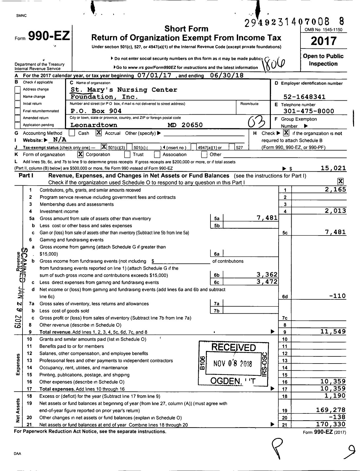 Image of first page of 2017 Form 990EZ for St Mary's Nursing Center Foundation