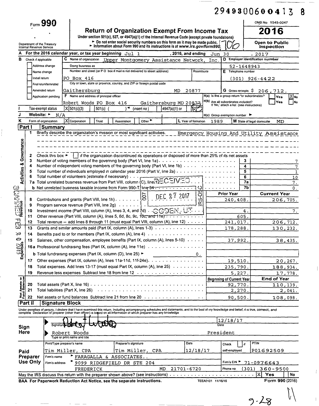 Image of first page of 2016 Form 990 for Upper Montgomery Assistance Network