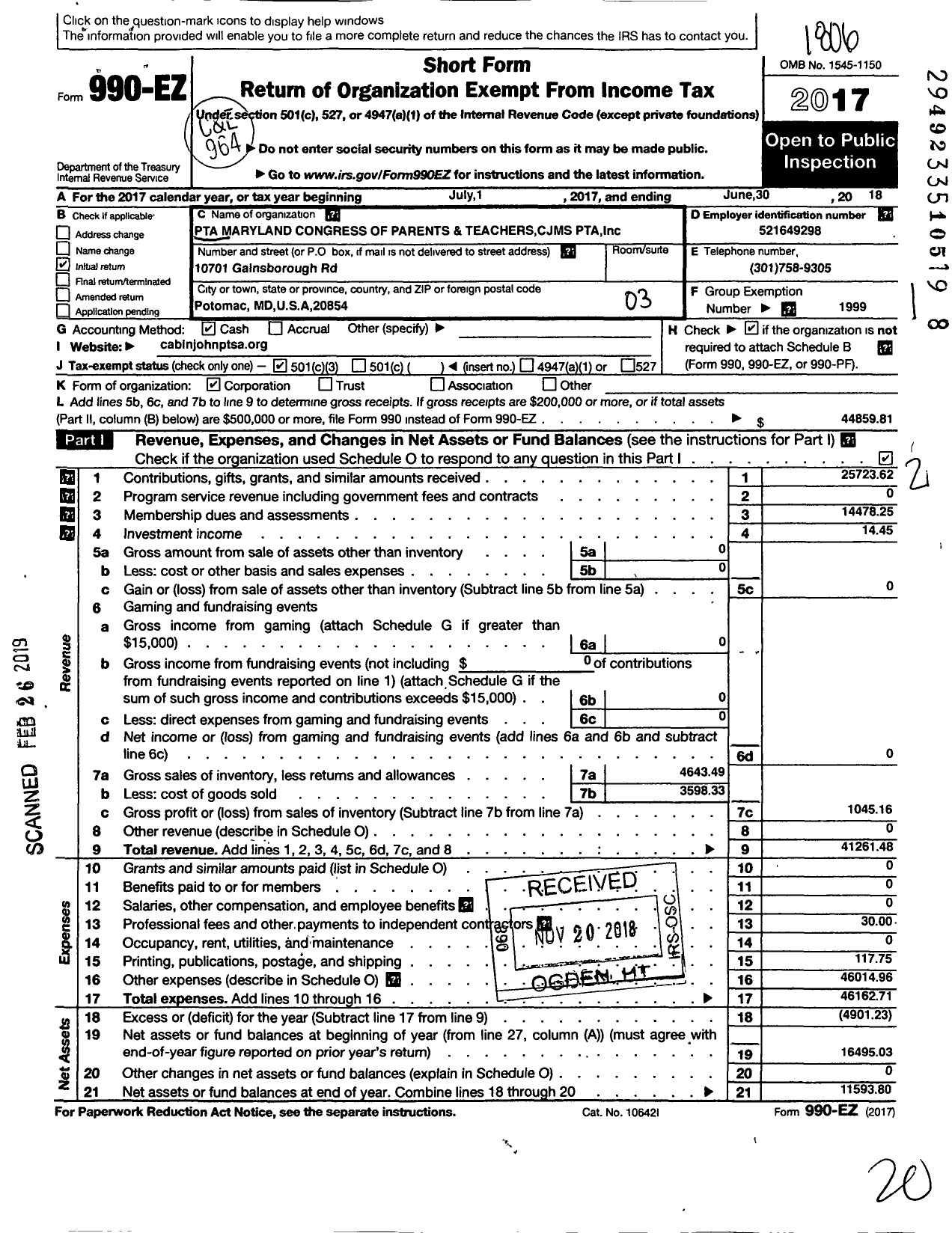 Image of first page of 2017 Form 990EZ for PTA Delaware Congress / Cabin John Middle School Ptsa