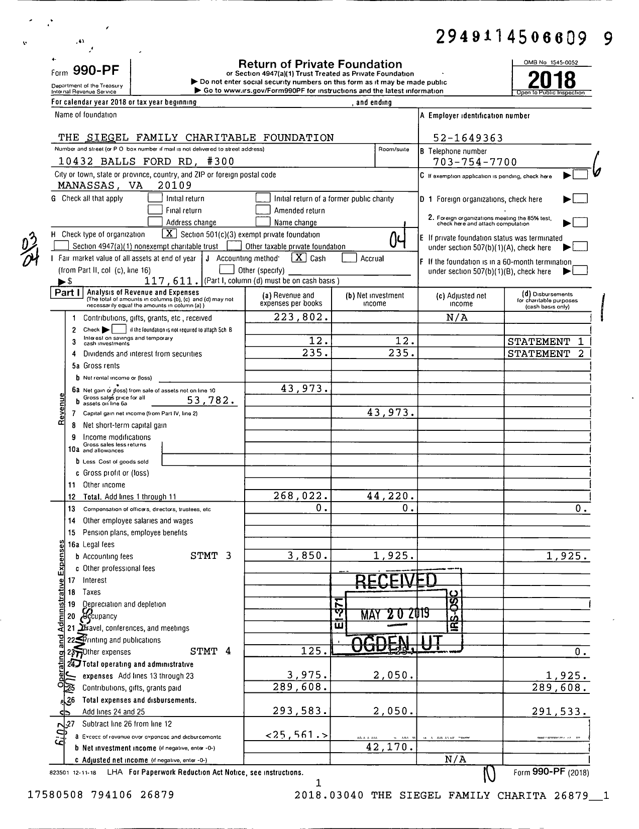 Image of first page of 2018 Form 990PF for The Siegel Family Charitable Foundation