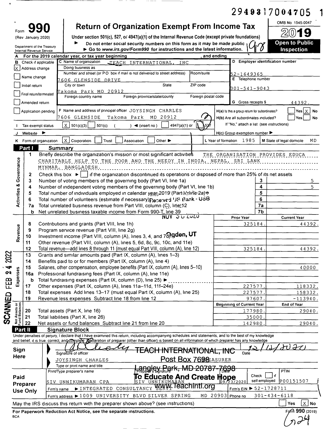Image of first page of 2019 Form 990 for Teach International
