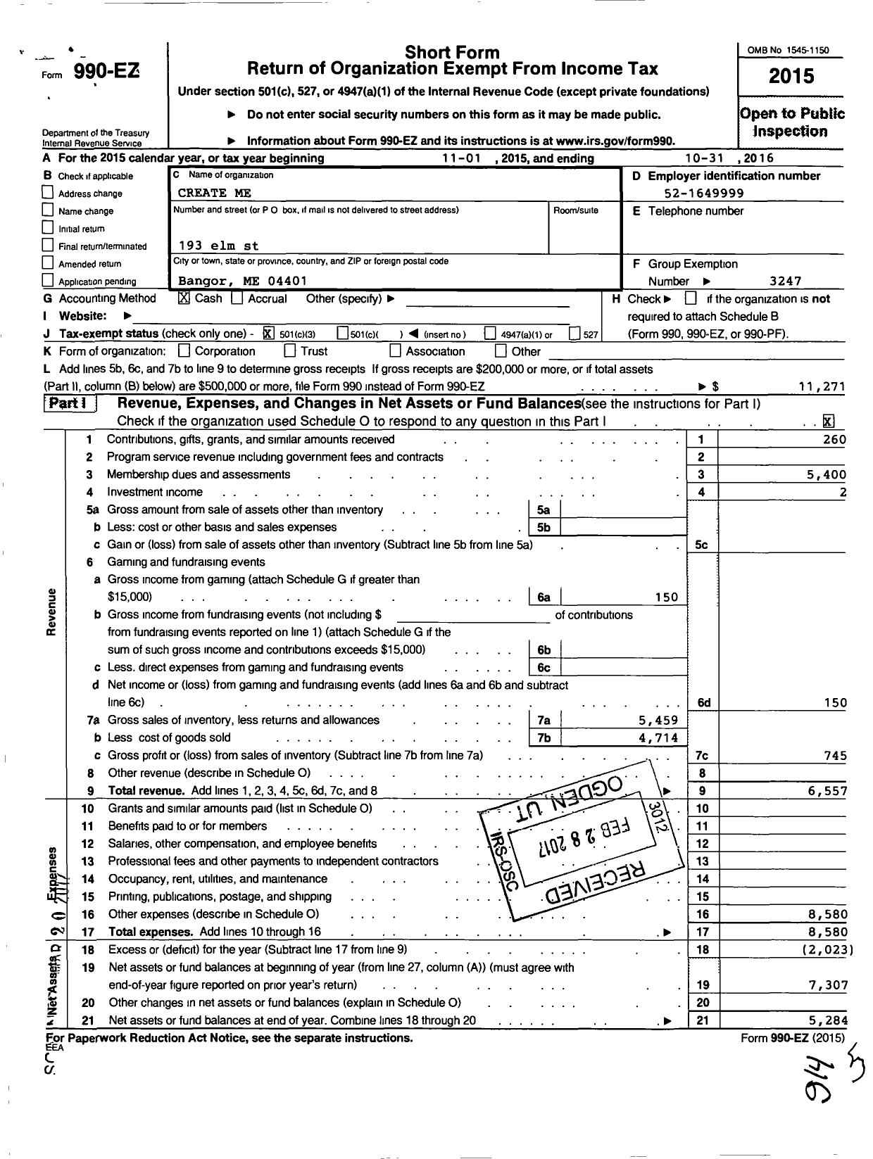 Image of first page of 2015 Form 990EZ for Destination Imagination / Create Me