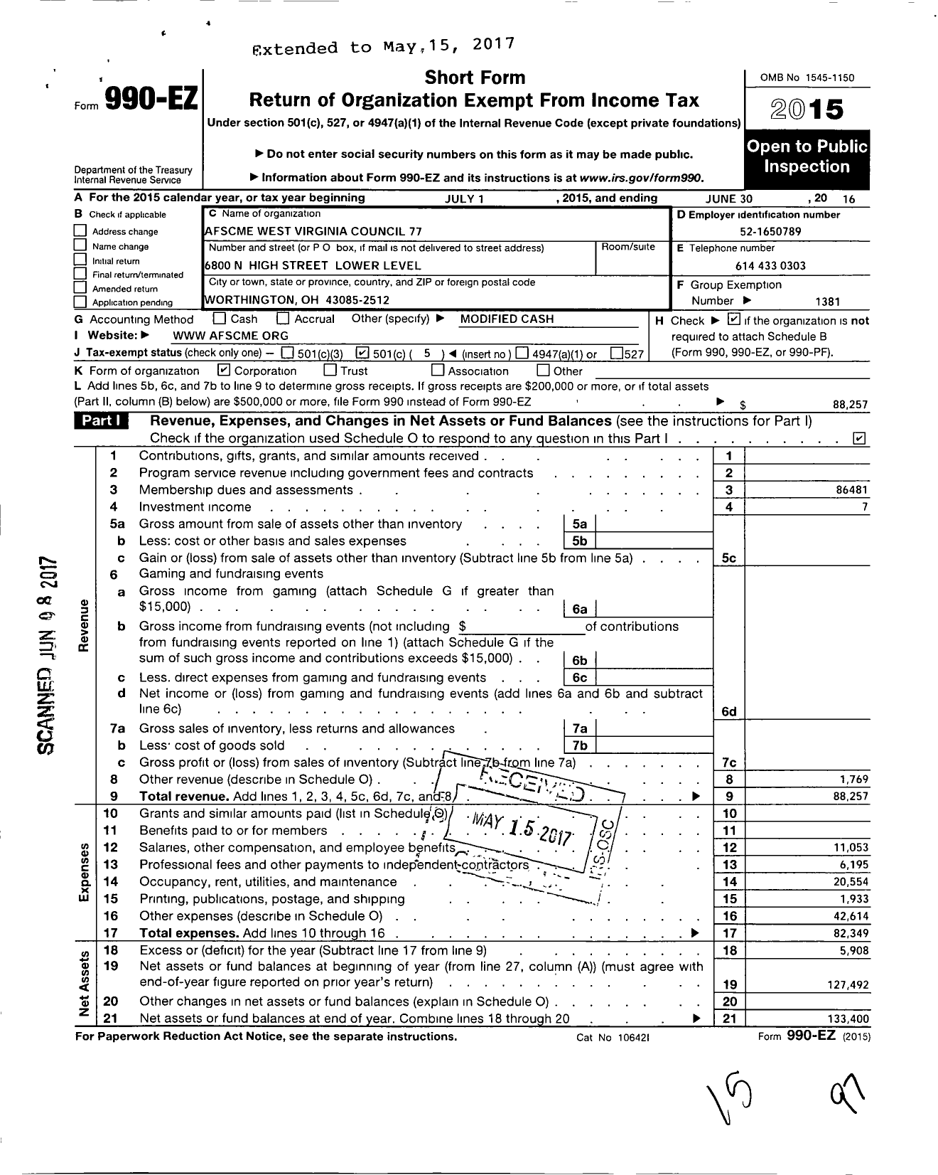 Image of first page of 2015 Form 990EO for American Federation of State County & Municipal Employees - C0077WV AFSCME West Virginia CN 77