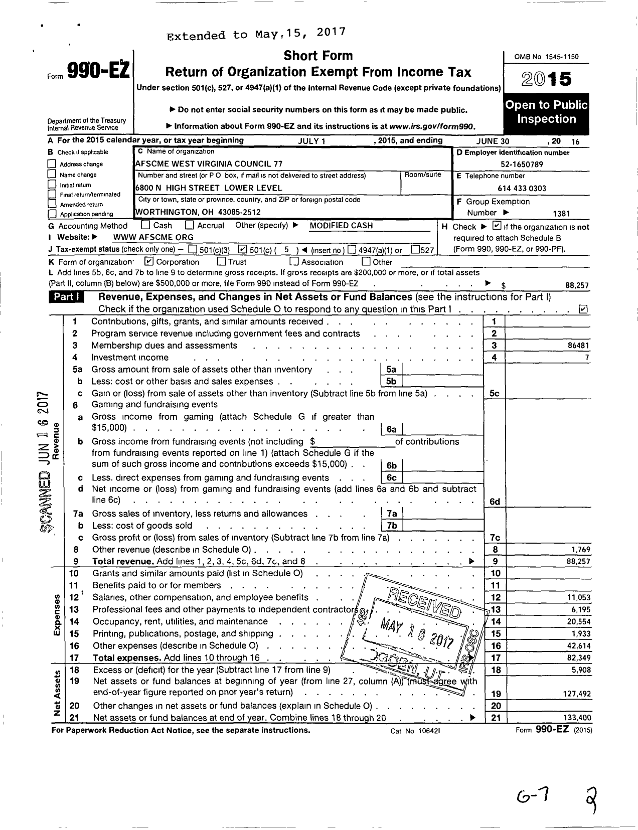 Image of first page of 2015 Form 990EO for American Federation of State County & Municipal Employees - C0077WV AFSCME West Virginia CN 77