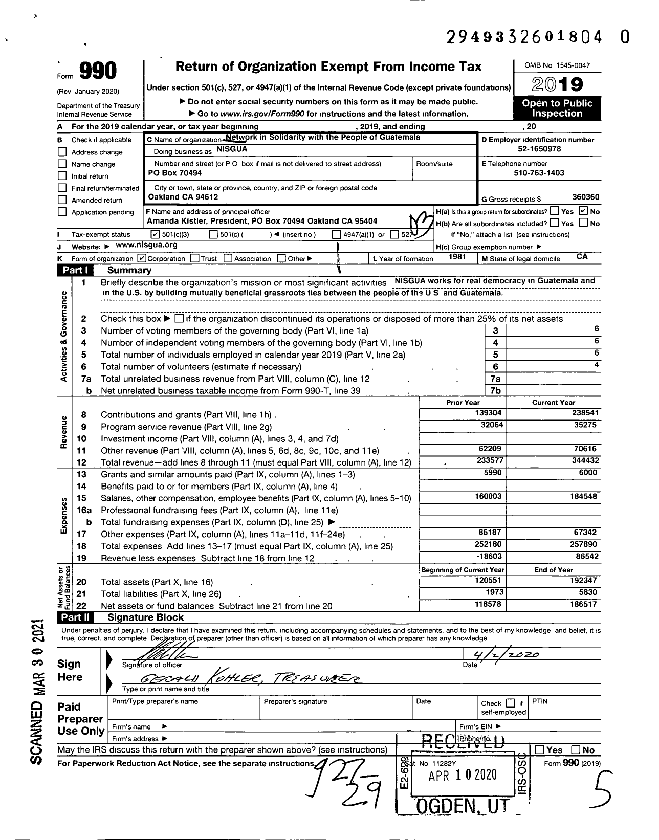 Image of first page of 2019 Form 990 for Nisgua