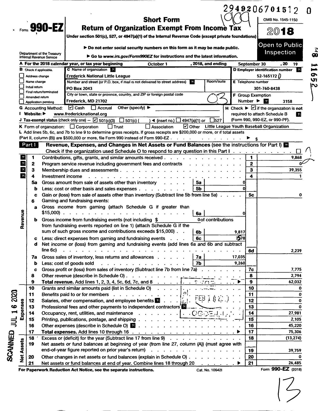 Image of first page of 2018 Form 990EZ for Little League Baseball - 2200205 Frederick National LL