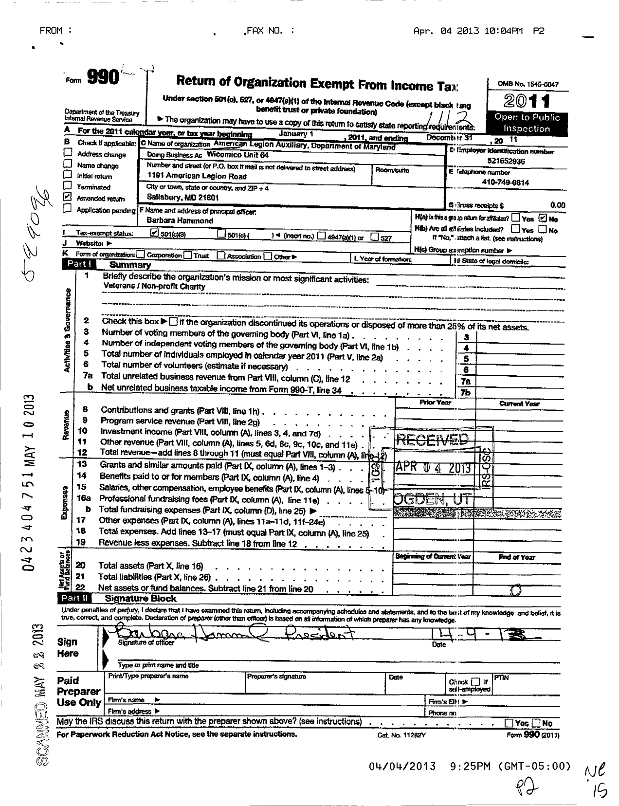 Image of first page of 2011 Form 990 for American Legion Auxiliary