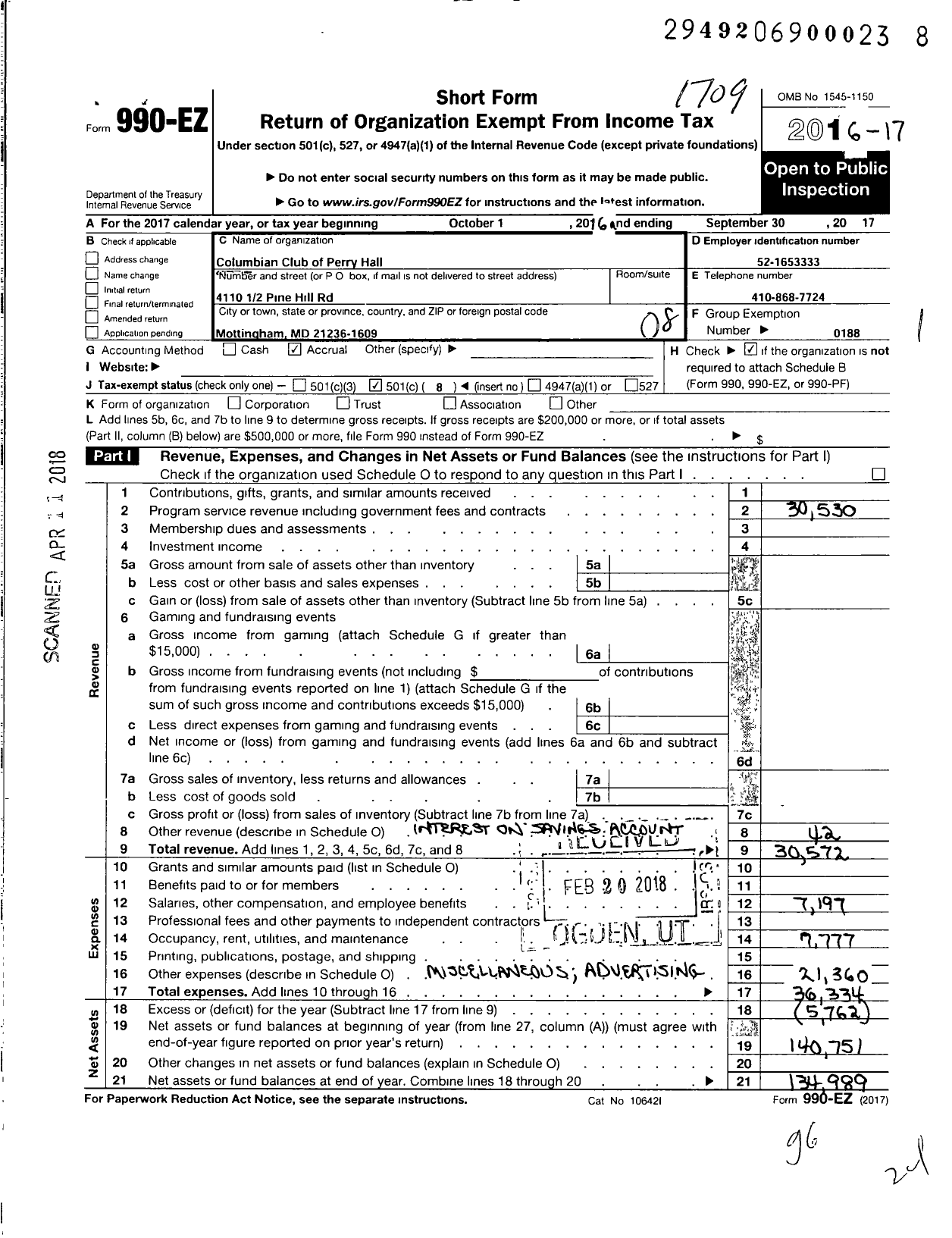 Image of first page of 2016 Form 990EO for Columbia Club of Perry Hall