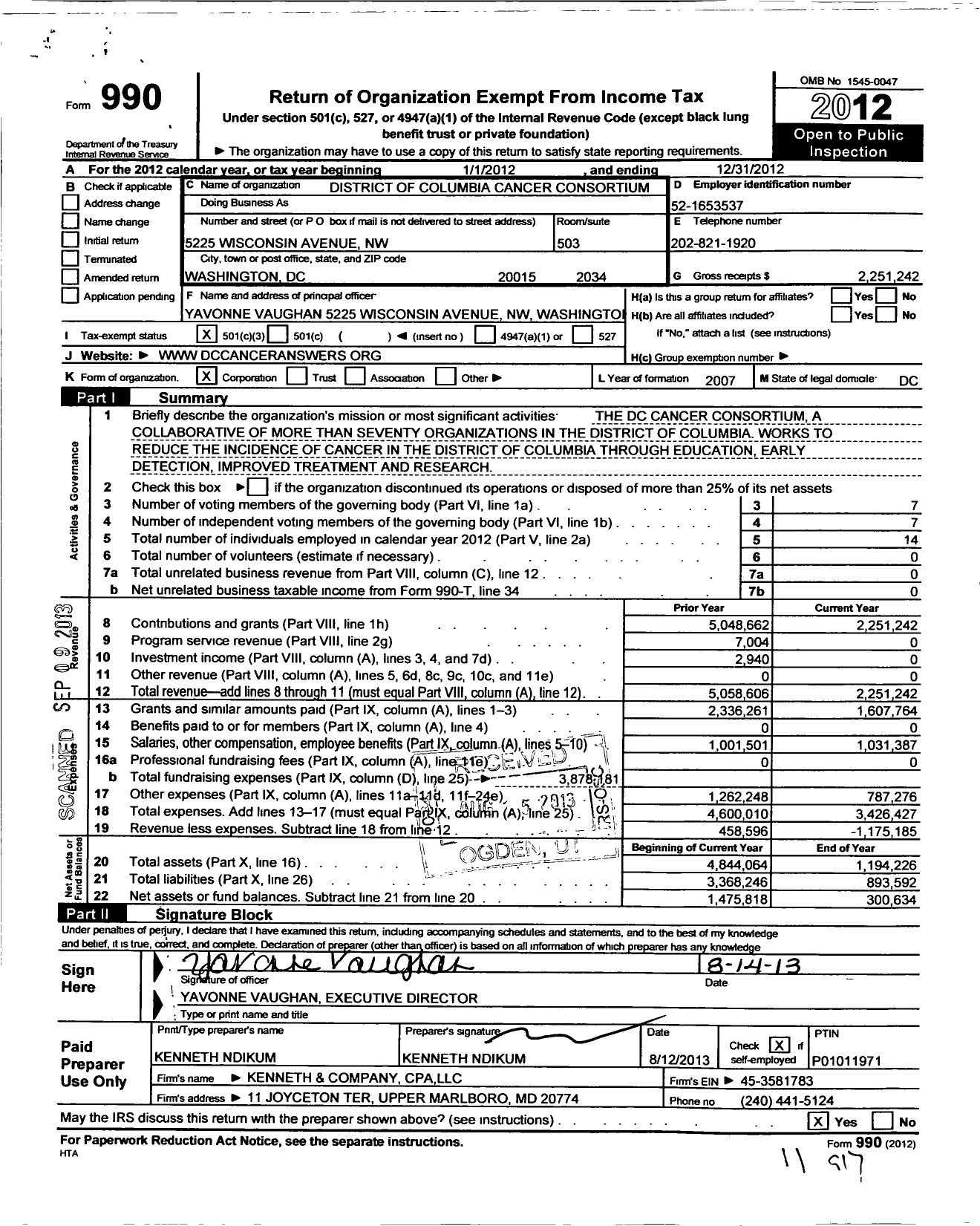 Image of first page of 2012 Form 990 for District of Columbia Cancer Consortium