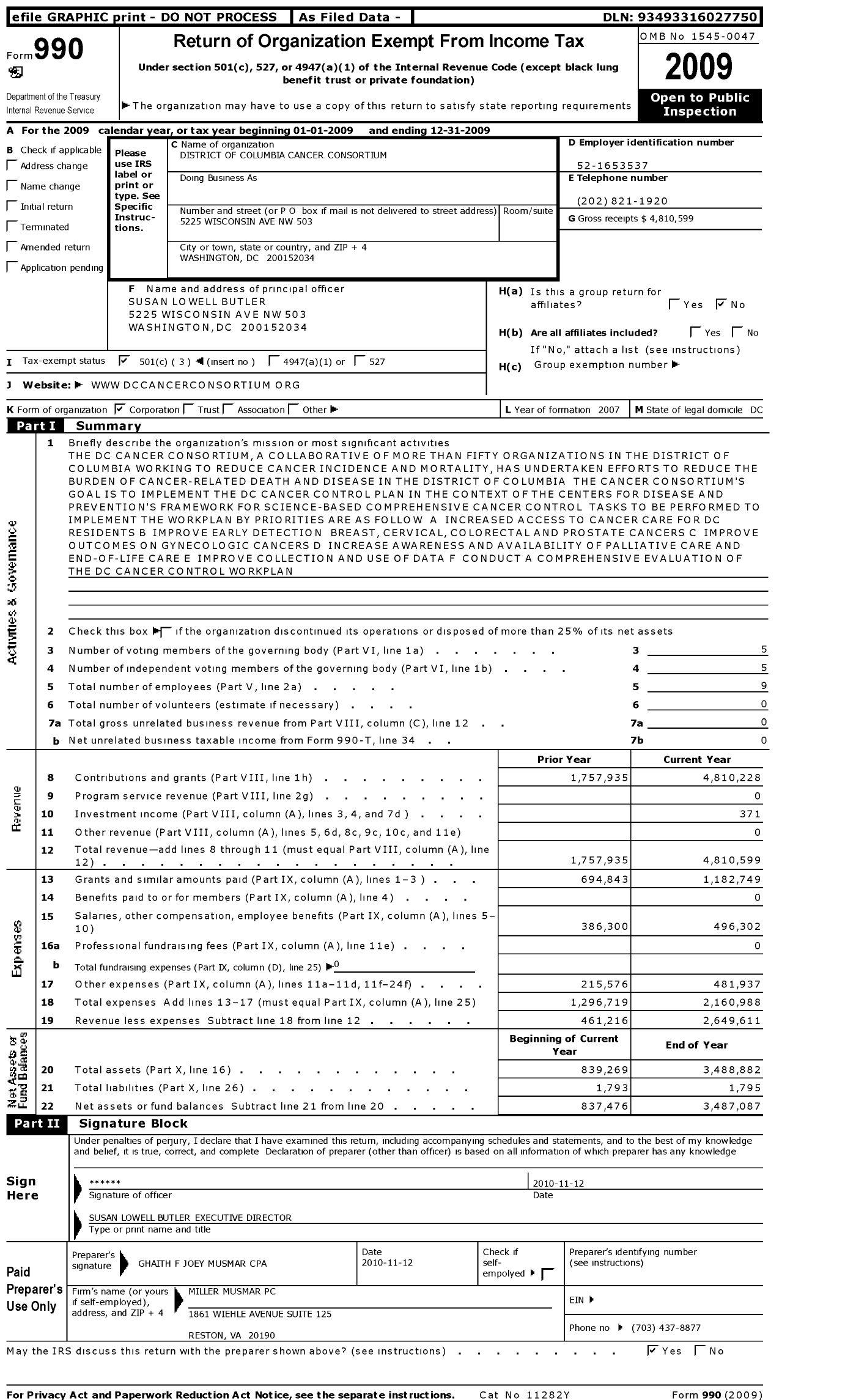 Image of first page of 2009 Form 990 for District of Columbia Cancer Consortium