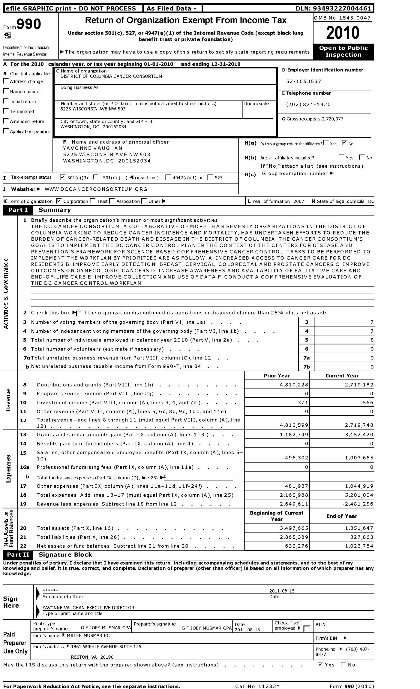 Image of first page of 2010 Form 990 for District of Columbia Cancer Consortium