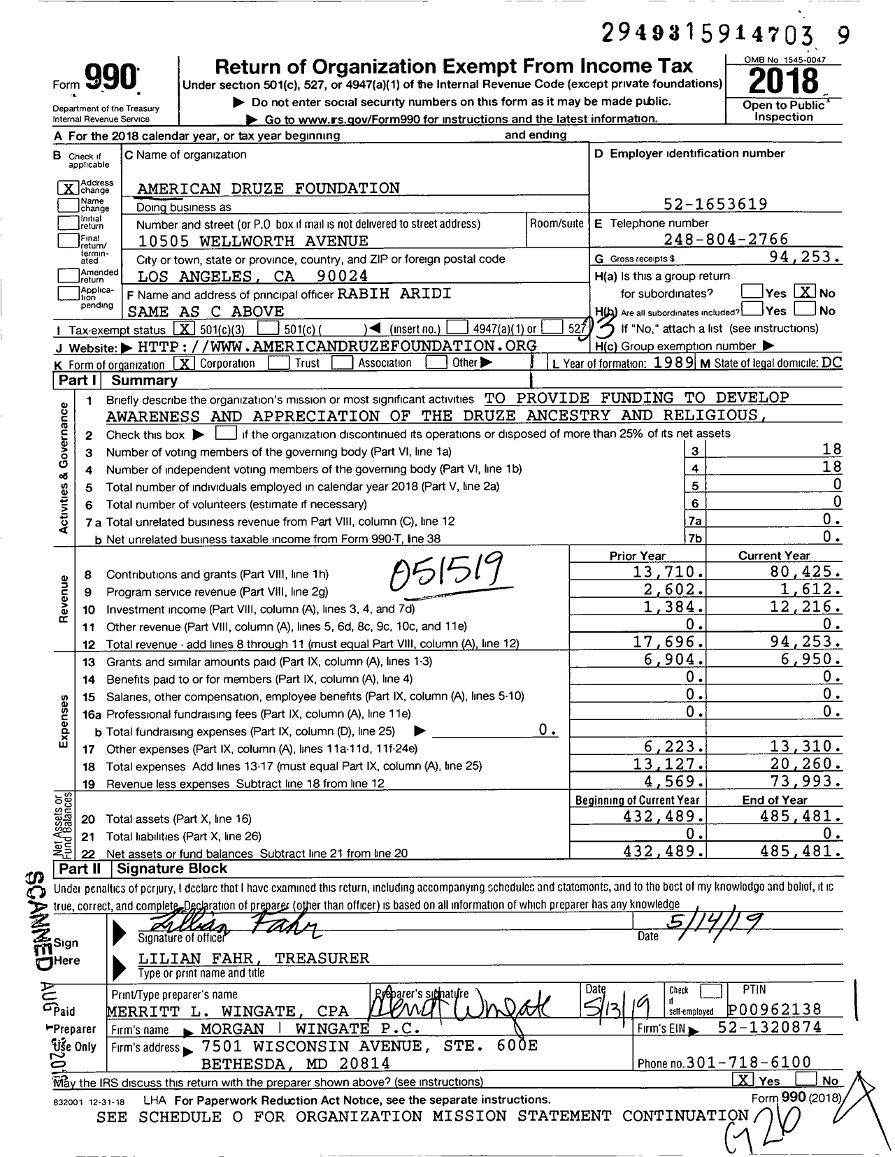 Image of first page of 2018 Form 990 for American Druze Foundation