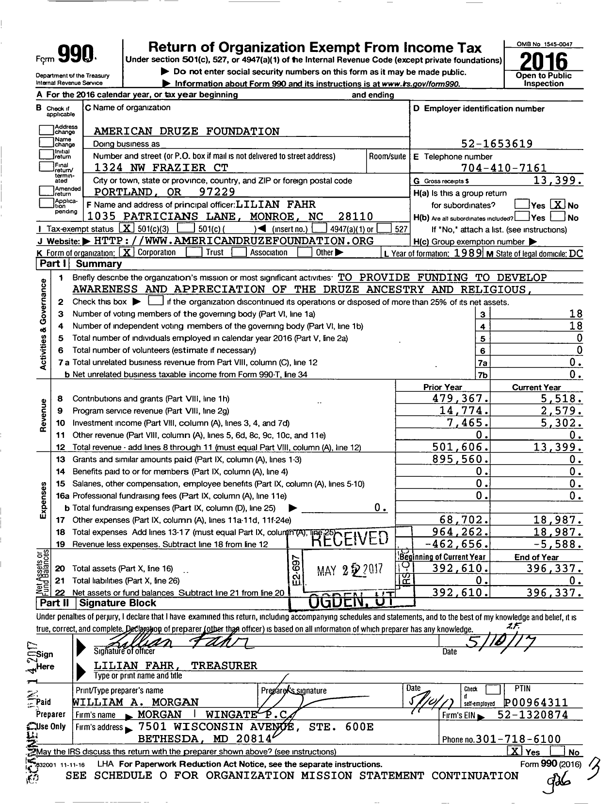 Image of first page of 2016 Form 990 for American Druze Foundation